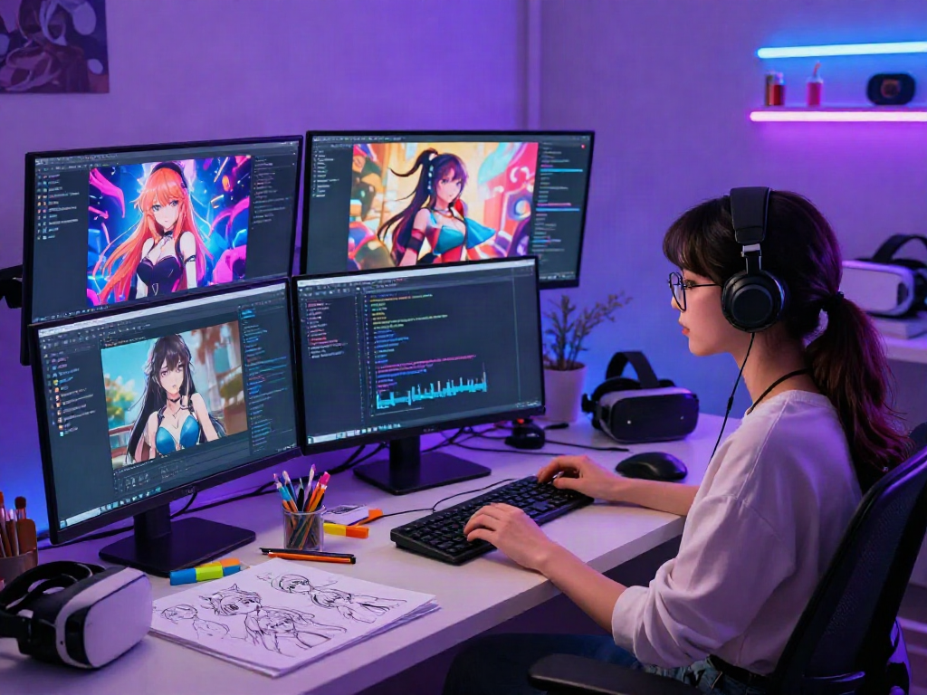 A vibrant digital workspace featuring an AI developer immersed in creating a hentai AI chat application, showcasing character designs and interactive screens.