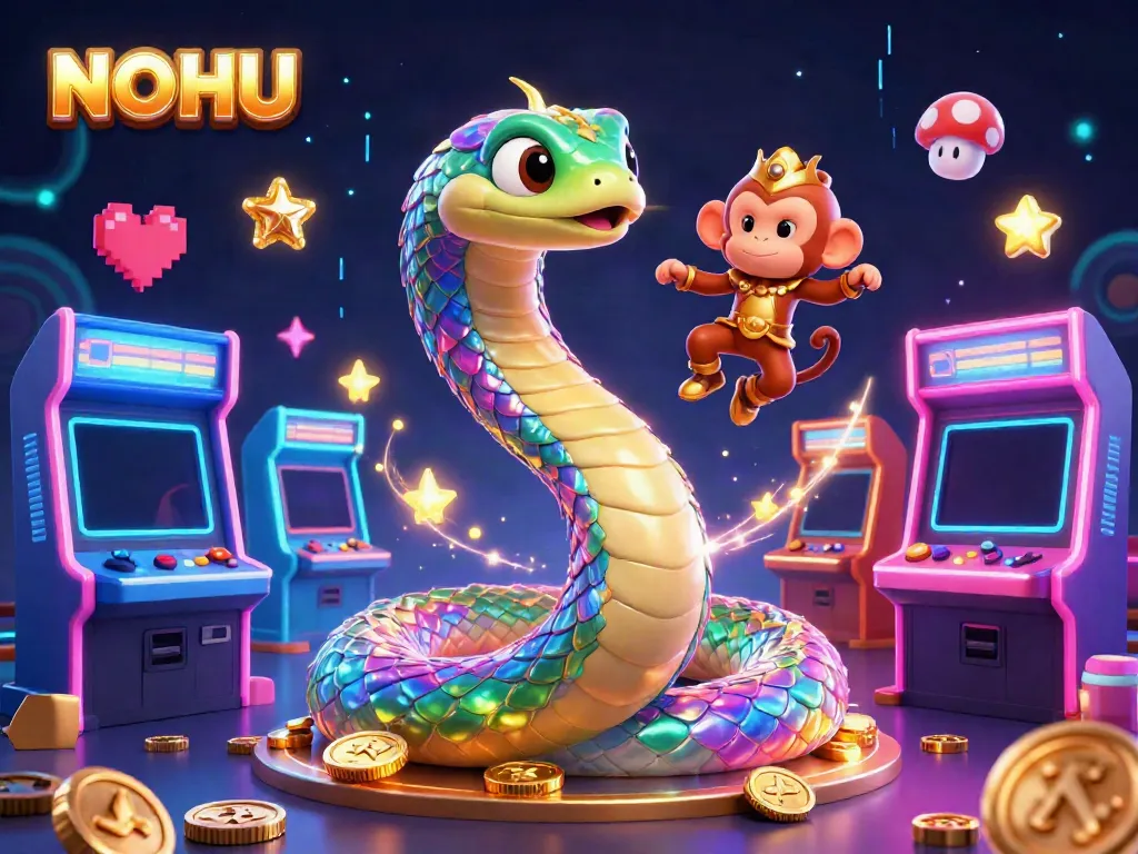 Engage in thrilling gameplay with NOHU's vibrant 3D casino scene featuring magical characters and arcade elements.