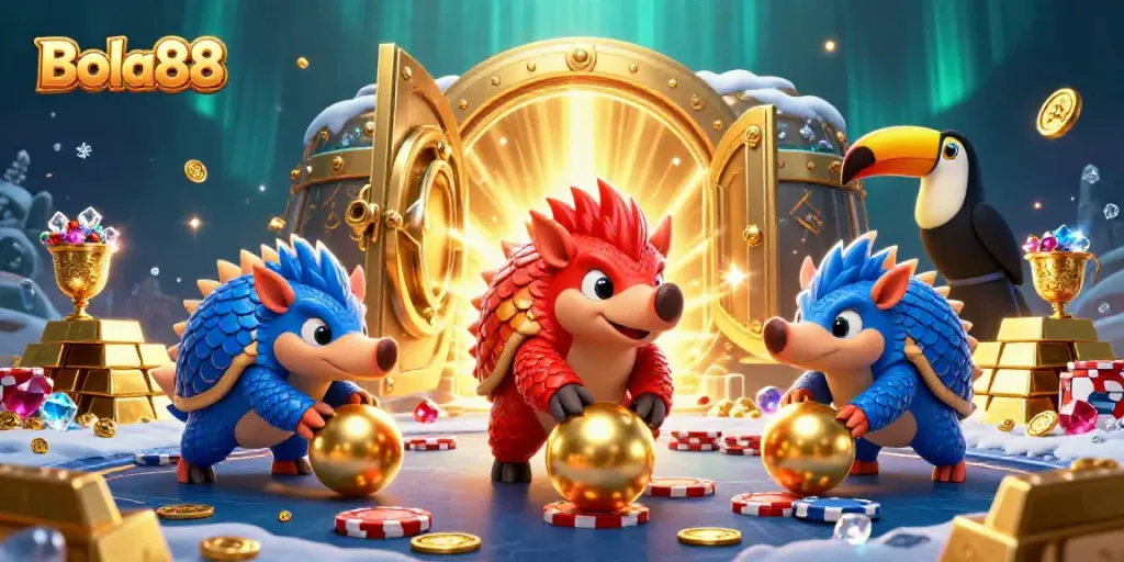 Experience the excitement of Bola88 as cartoon pangolins bowl through golden poker chips in a vibrant casino.