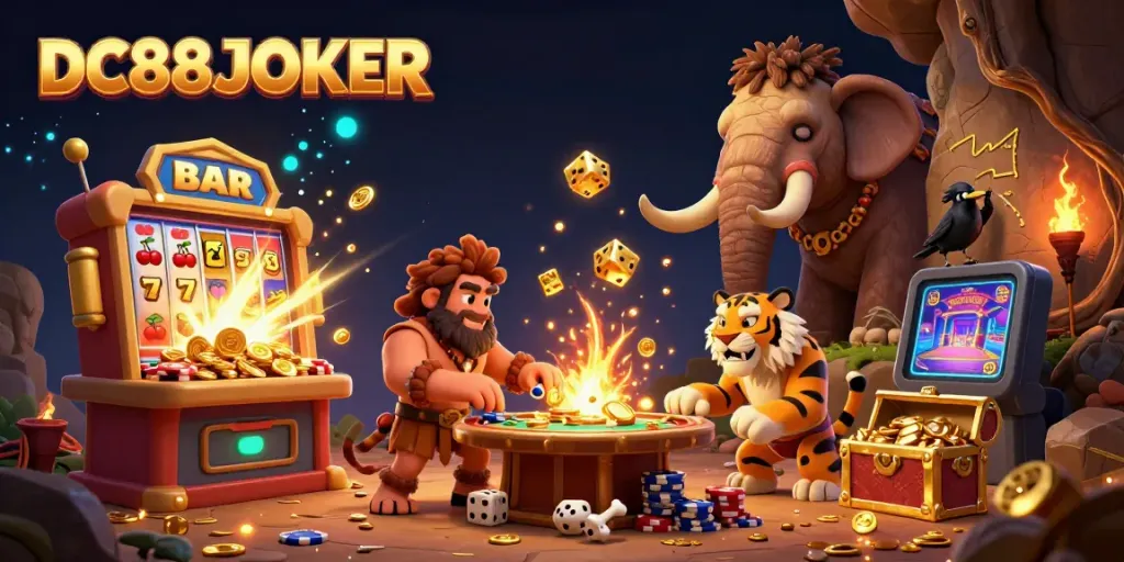 Experience the excitement of DC88JOKER at a prehistoric casino with vibrant characters and dynamic elements.