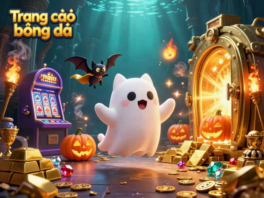 Engage in Trang cá độ bóng đá with a friendly ghost cat, vampire bat, and glowing casino treasures.
