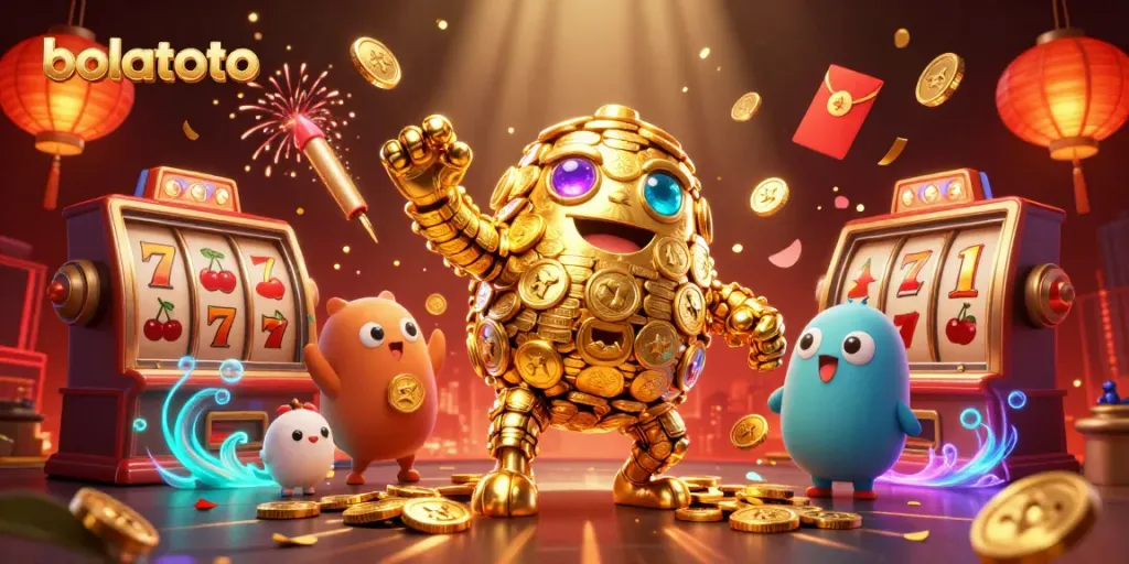 Spin and win big with bolatoto's captivating golden golem amidst vibrant gaming elements.