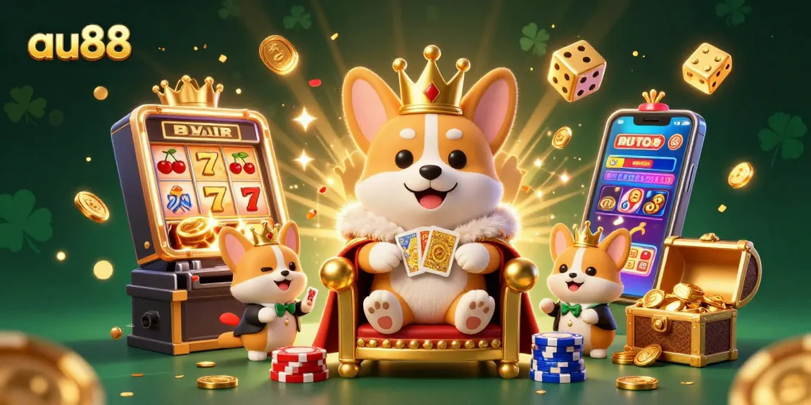 Win big at au88 with the royal corgi, enjoying a vibrant casino celebration