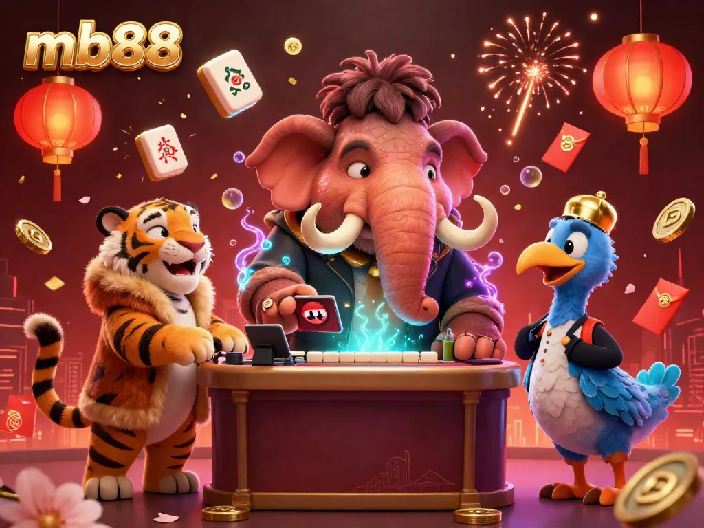 Witness the vibrant casino scene with mb88's playful characters, showcasing a woolly mammoth bouncer and lively game elements.