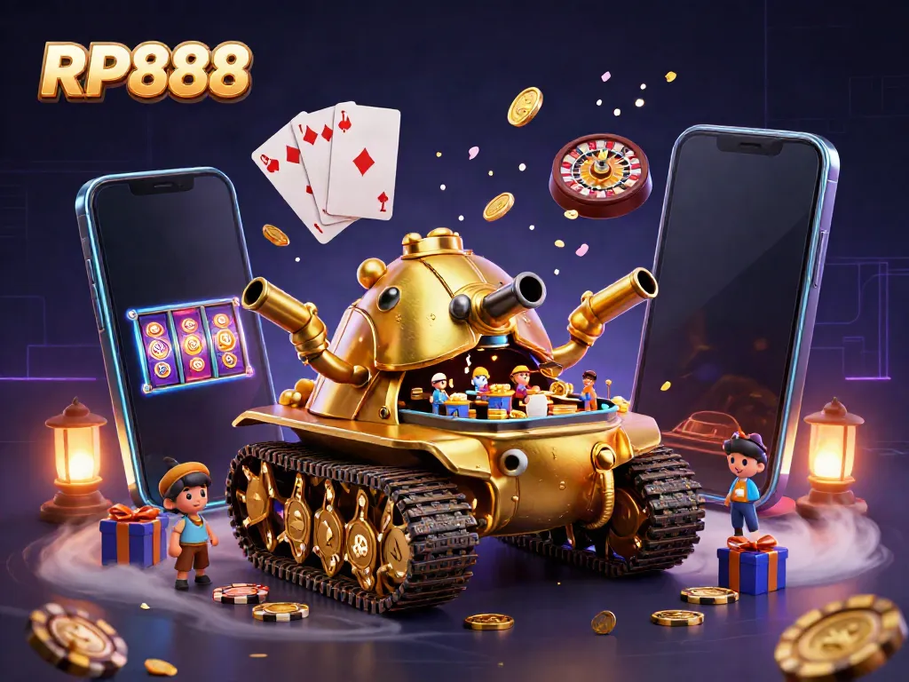 Engage with RP888's exciting mobile slot experience featuring a vibrant casino tank illustration.