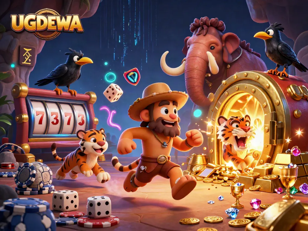 Engage in the exciting world of UGDEWA with a vibrant depiction of a prehistoric casino scene filled with treasures and adventure.