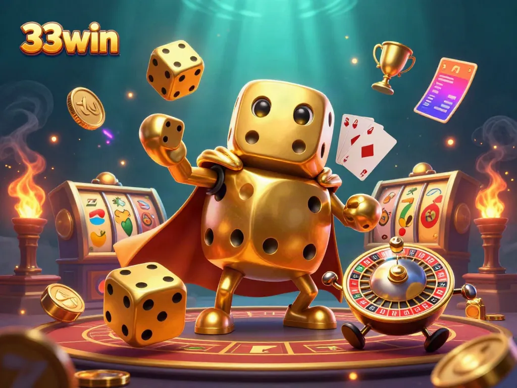 Engage with 33win's exhilarating gaming experience through this vibrant, detailed illustration of a casino scene.