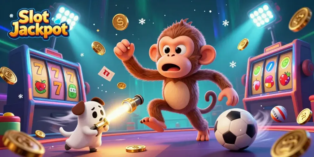 Engage with Slot Jackpot as a playful poltergeist monkey and a curious puppy explore a thrilling casino.