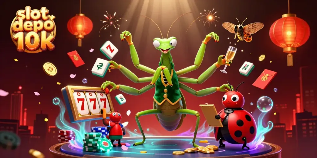 Experience the excitement of 'slot depo 10k' with vibrant casino characters and festive elements.