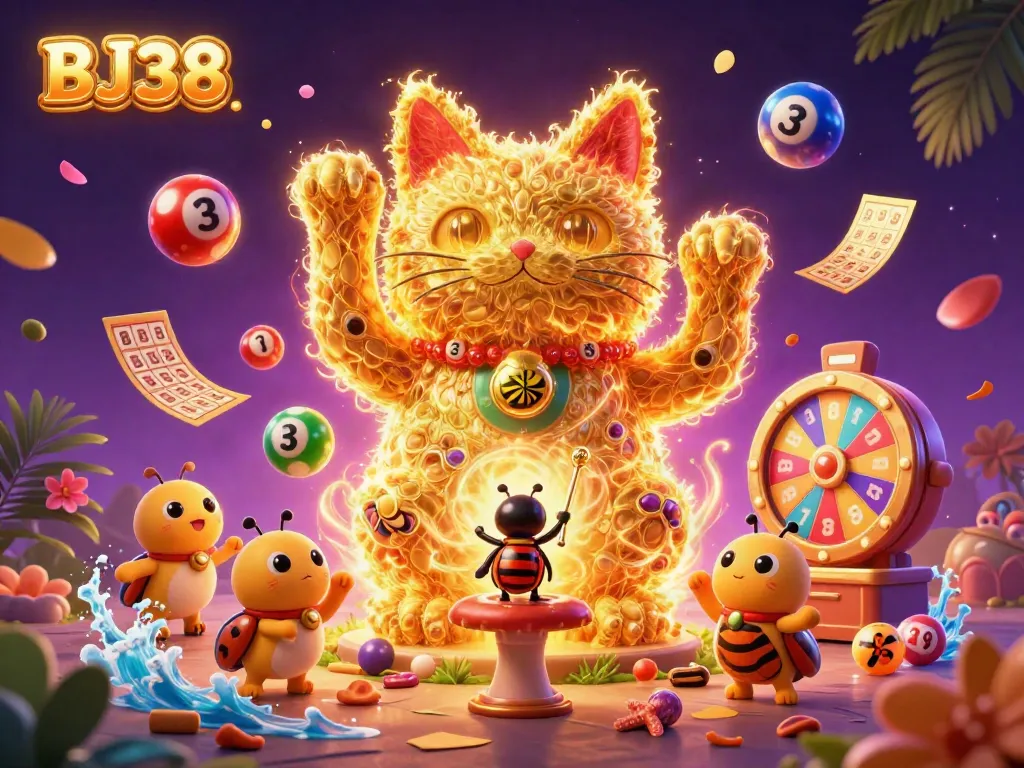 Experience vibrant gambling action with BJ38, a lucky cat formed by fireflies amid dynamic casino symbols.