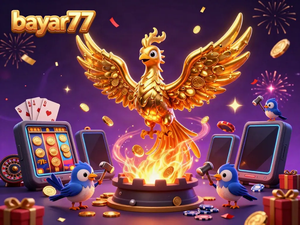 Experience thrilling games at bayar77 with a golden phoenix and vibrant casino elements.