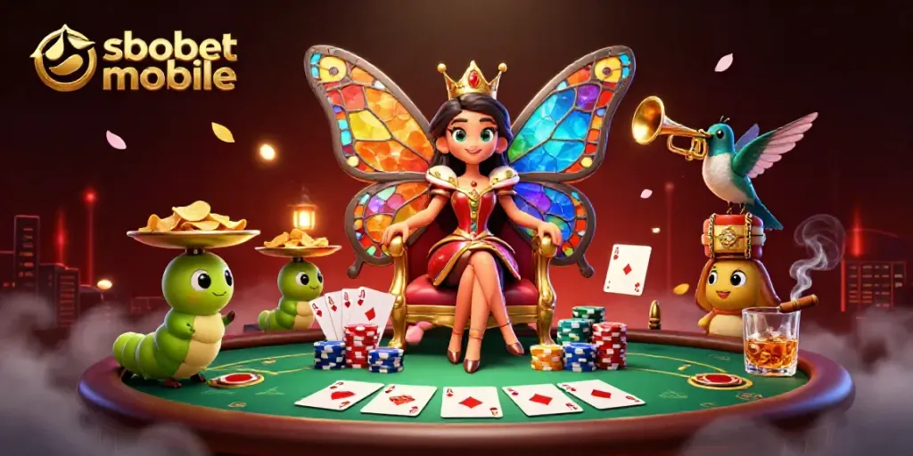 Engage with sbobet mobile as a vibrant queen commands a colorful poker arena, surrounded by lively elements.