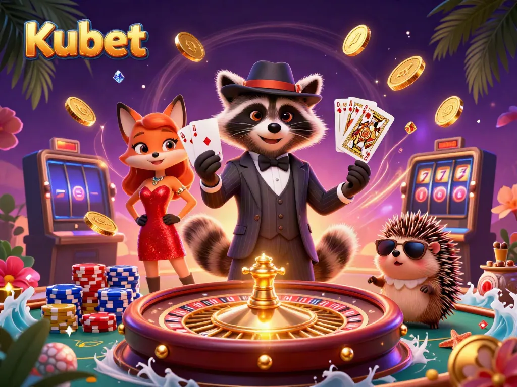 Kubet showcases a dynamic casino scene with a raccoon in a suit, a fox in a dress, and a hedgehog bouncer, surrounded by vibrant gaming elements.