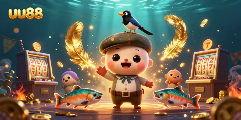 Spin to win with uu88 in playful casino-themed underwater illustration featuring a cute Nessie!
