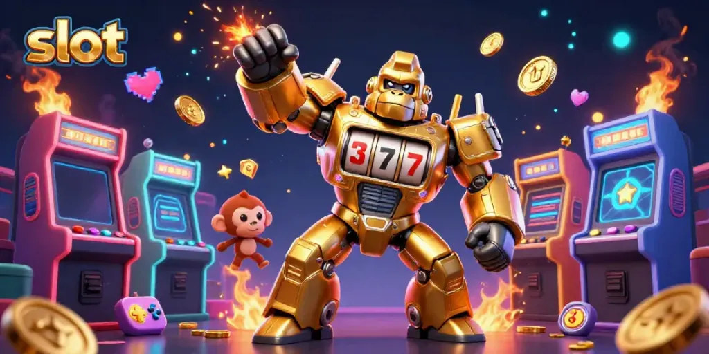 Gorila emas 3D mecha dengan mesin slot dan koin meledak saat menang slot.