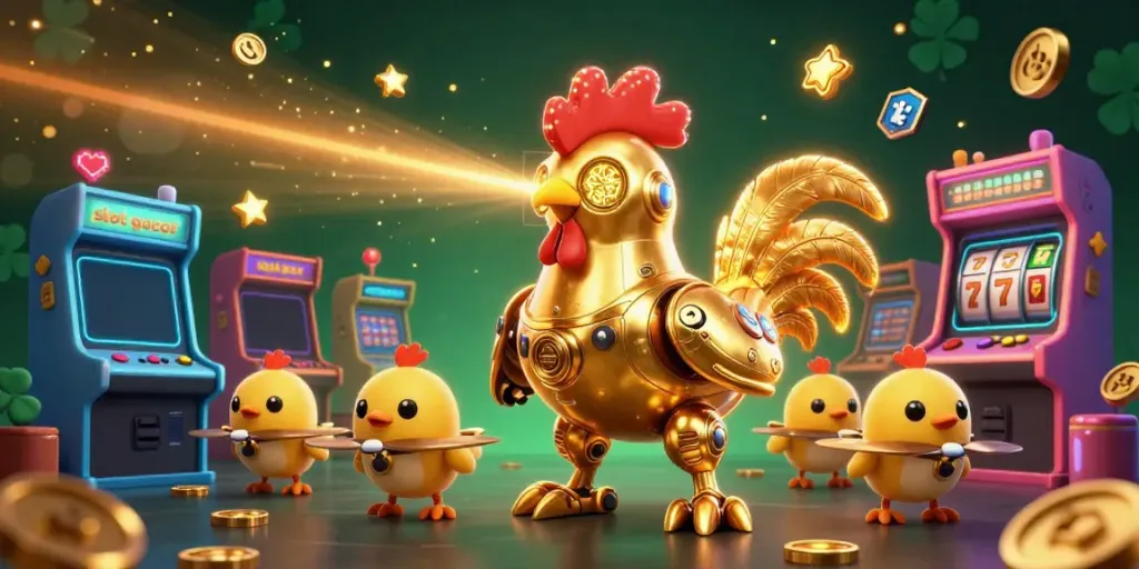 Slot gacor menampilkan robot ayam berwarna emas dan drone, dikelilingi mesin permainan megah.