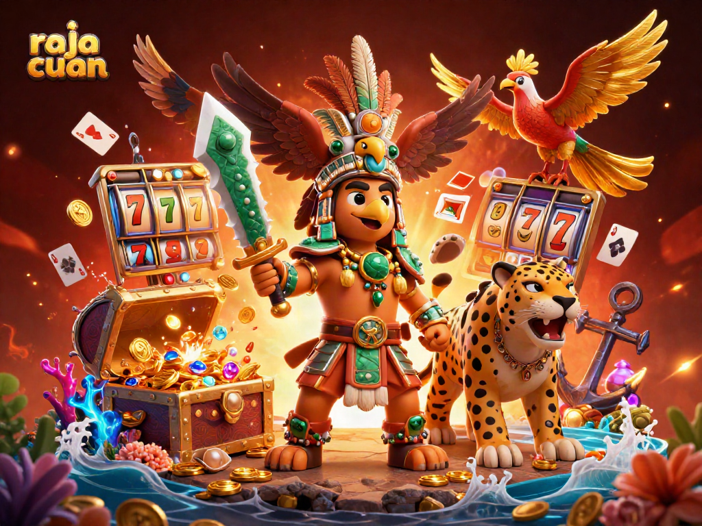 Engage with raja cuan in a vibrant casino scene featuring Aztec warriors and jackpots.