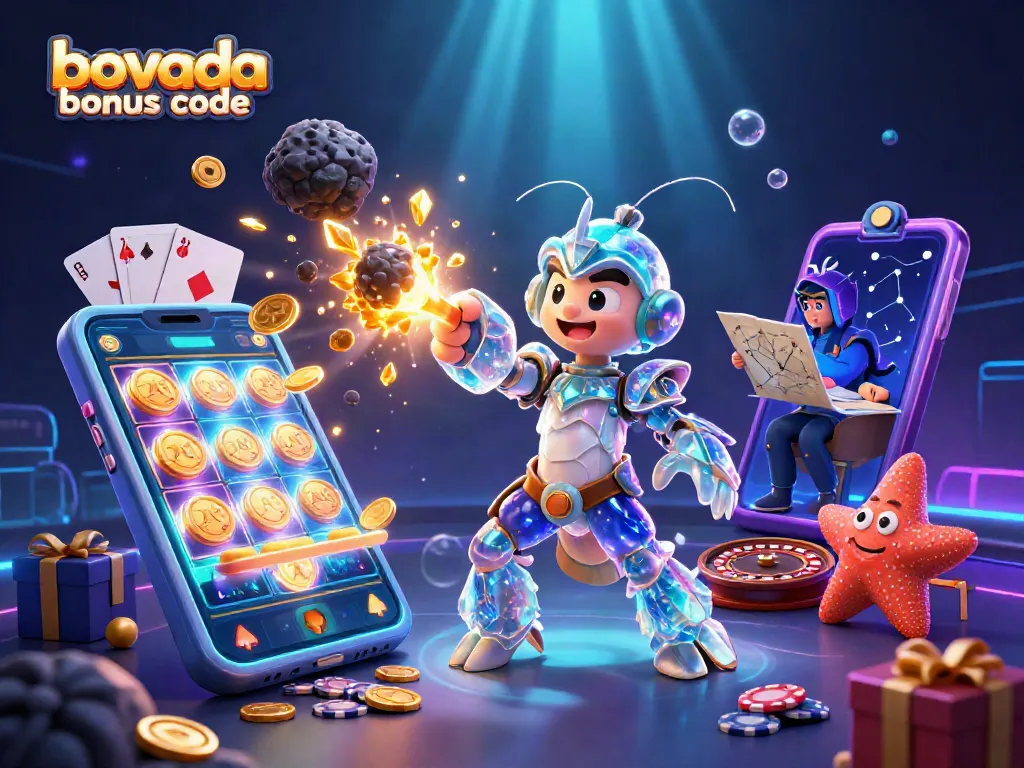 Bovada bonus code showcases the galactic samurai mantis shrimp amidst exploding gems in a vivid casino scene.